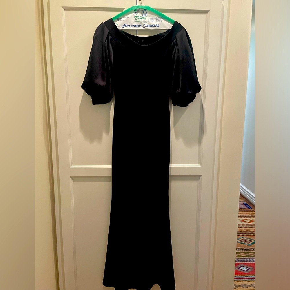 Black column evening gown with balloon sleeves